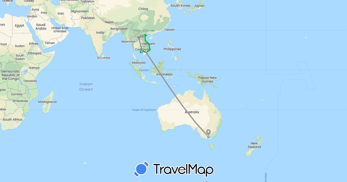 TravelMap itinerary: driving, bus, plane, train, boat in Australia, Cambodia, Laos, Vietnam (Asia, Oceania)